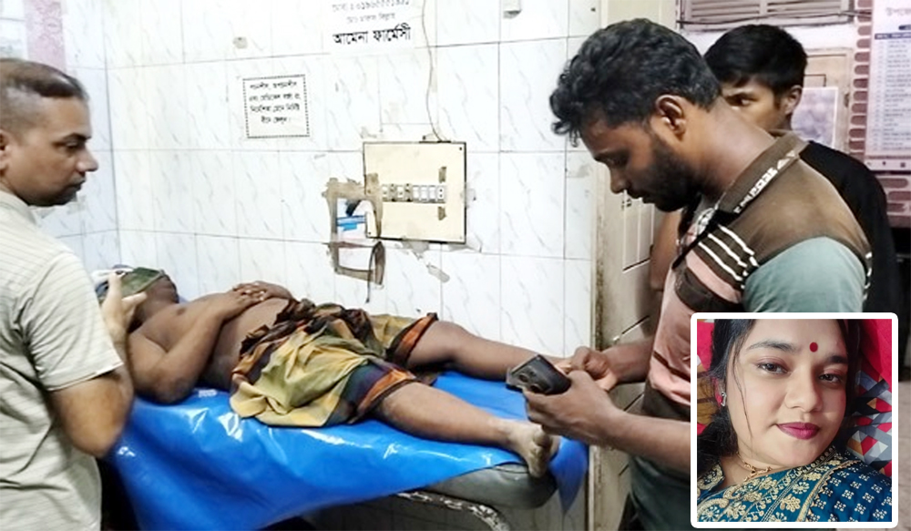 পরকীয়া সম্পর্ককে কেন্দ্র করে পিটিয়ে হত্যার ঘটনায় হাসপাতালে নিহত কামরুল ইসলাম ও স্বজনরা। (ইনসেটে কথিত প্রেমিকা)
